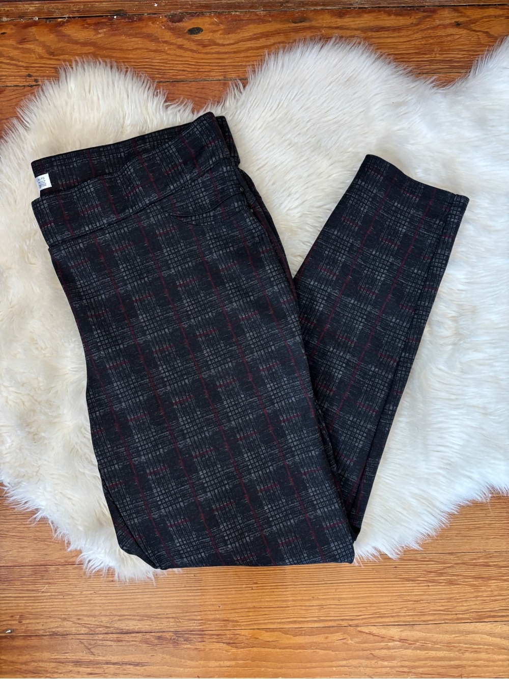 Black Gray and Red Plaid Print Career Pants